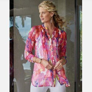 Soft Surroundings Sheer Multicolor Summer Festival Tunic Button Down Size L
